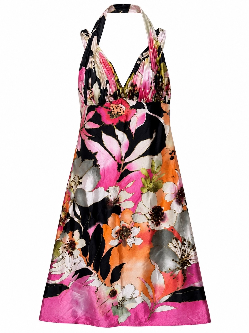 Adrianna Papell 100% Silk Floral Halter Dress 6 Sequin Y2K Whimsygoth Cocktail